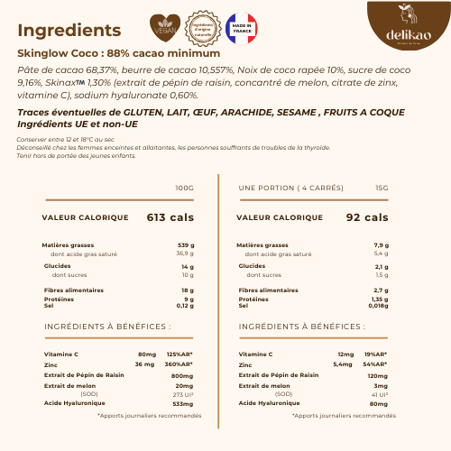 chocolat acide hyaluronique zinc beauté / Skin Glow Noix de Coco