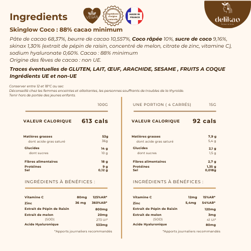 chocolat acide hyaluronique zinc beauté / Skin Glow Noix de Coco